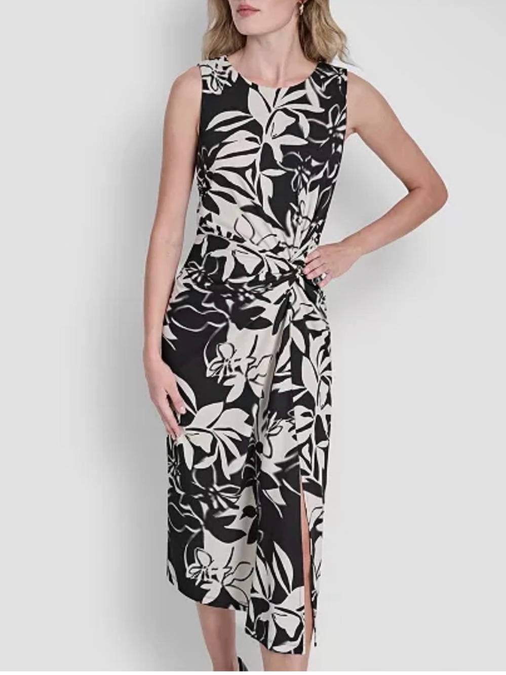DKNY Jewel Neck Side Knot Floral Twist Midi Dress NWT Size 12